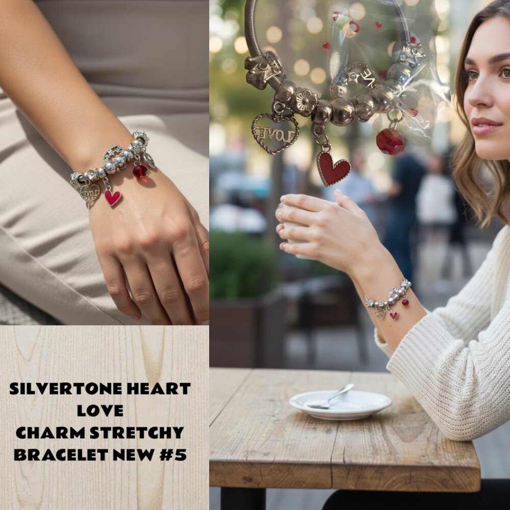 #5‎ VALENTINES LOVE SILVERTONE CHARM STRETCHY BRACELET NEW IN PACKAGE